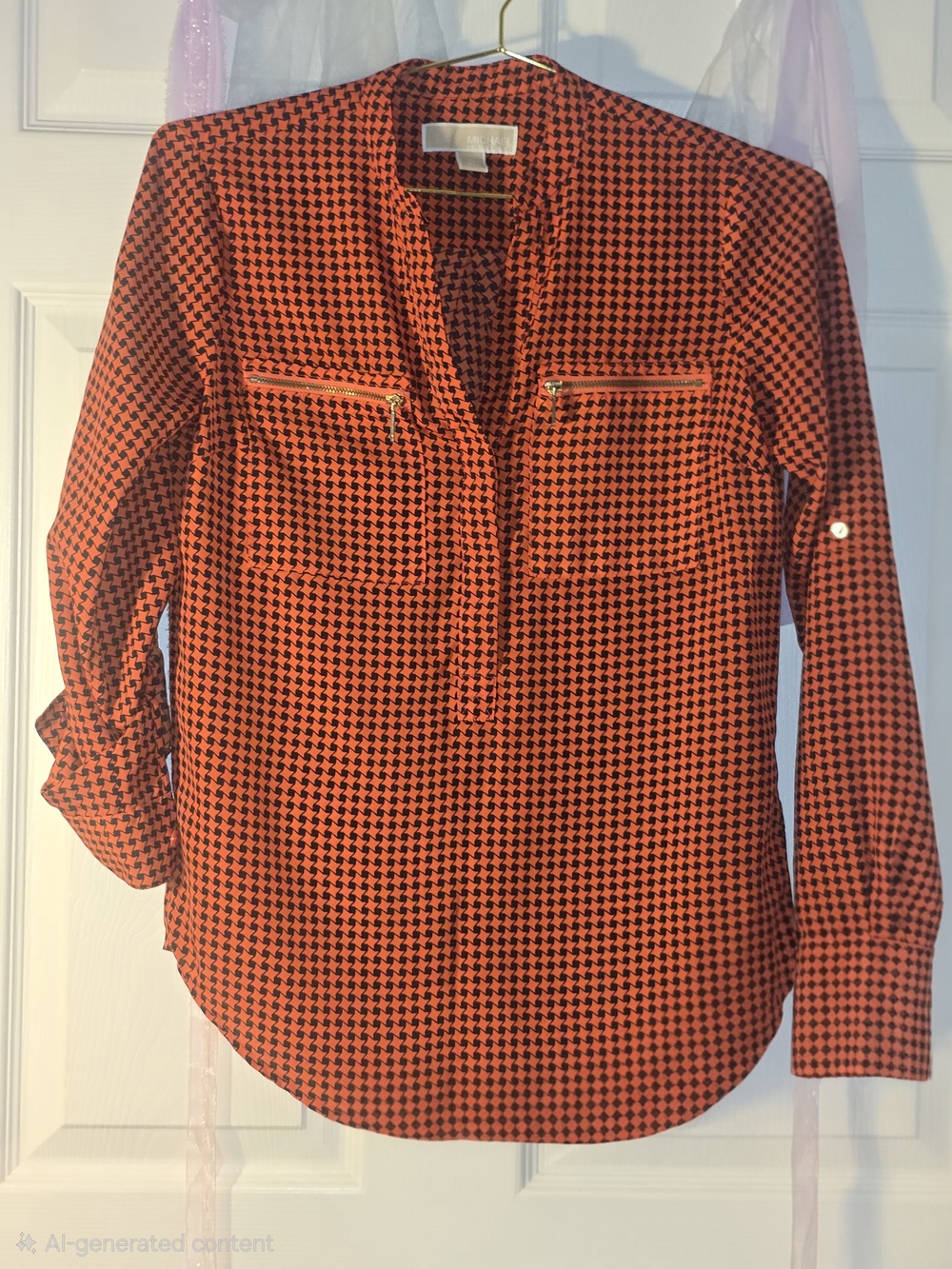 Michael Kors Red and Black Houndstooth Zip-Pocket Blouse